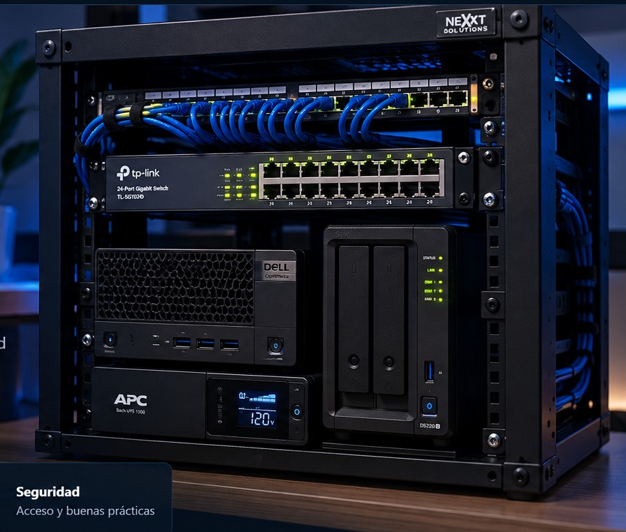 Rack compacto de homelab con servidores, switch de red, NAS y cableado organizado